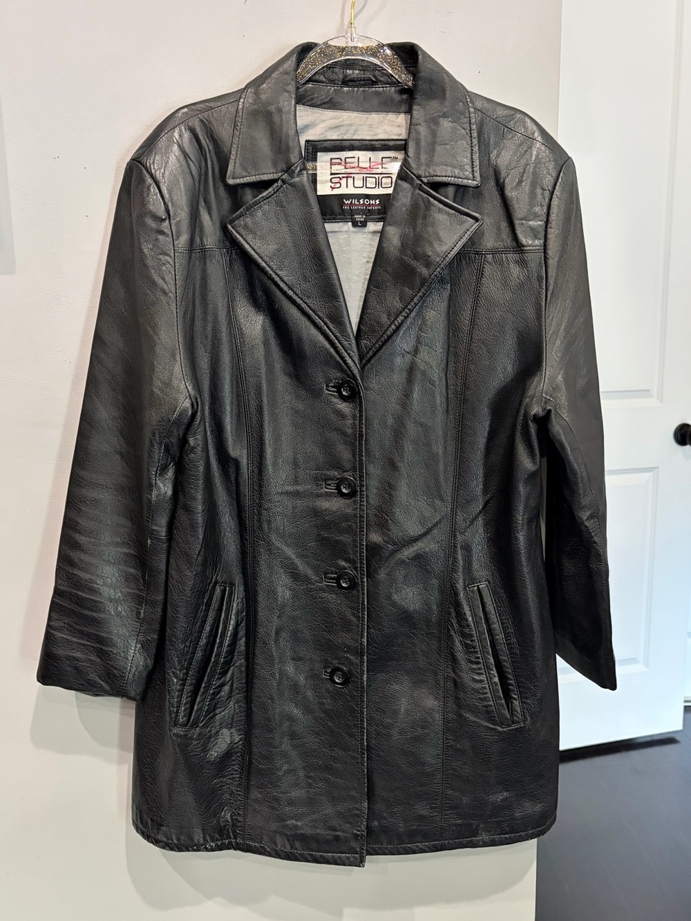 VINTAGE PELLE STUDIO BY WILSONS LEATHER BLACK LEATHER BUTTON UP CAR COAT JACKET